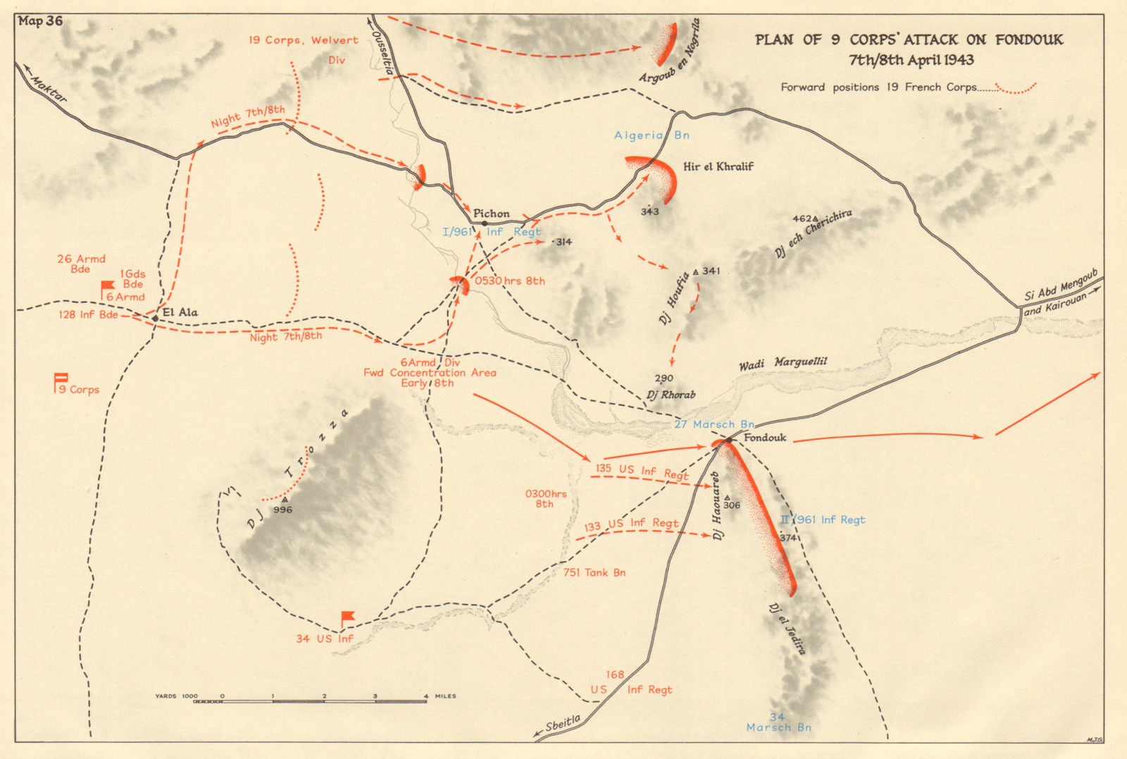 9 Corps' attack on Fondouk 7th/8th April 1943. Tunisia World War 2 1966 map